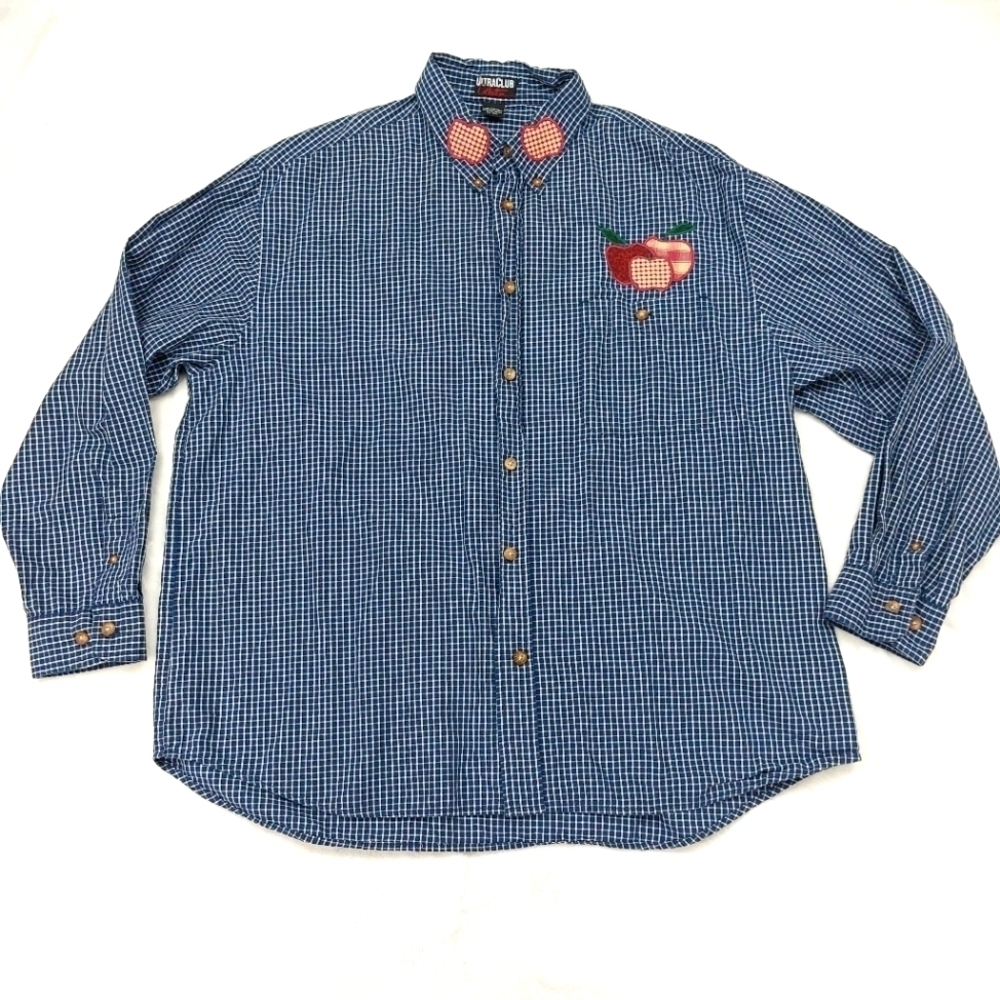 ULTRA CLUB COLLECTION WOMENS VINTAGE BLUE CHECK APPLE APPLIQUE BUTTON DOWN SZ XL